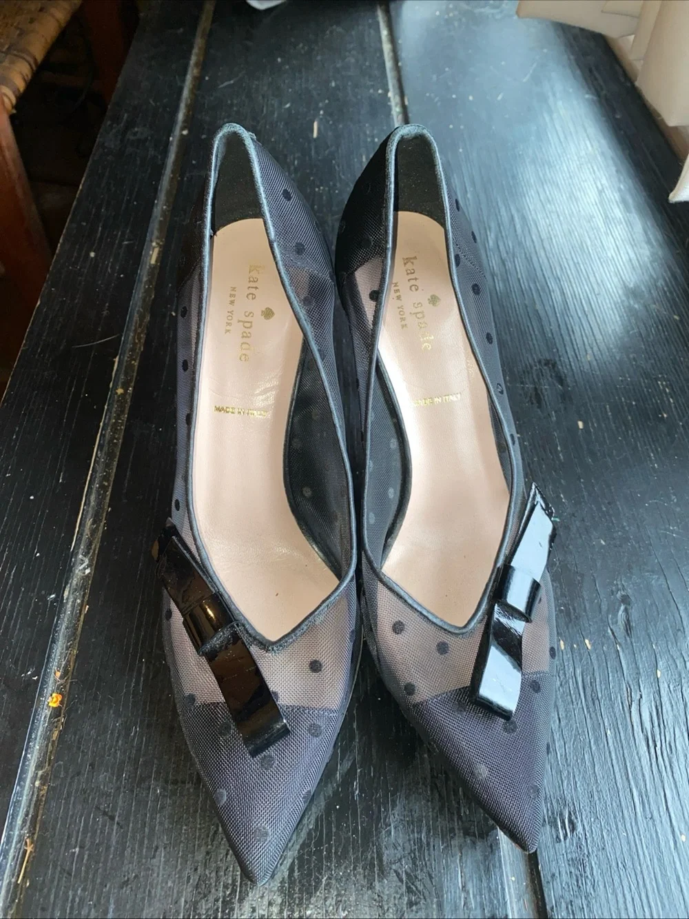 kate spade Black Sheer Polka Dot Pointed-Toe Flats with Patent Bow